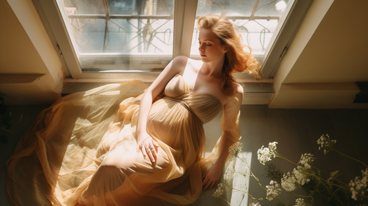 A pregant women dressed in silk dress setting next to the window.