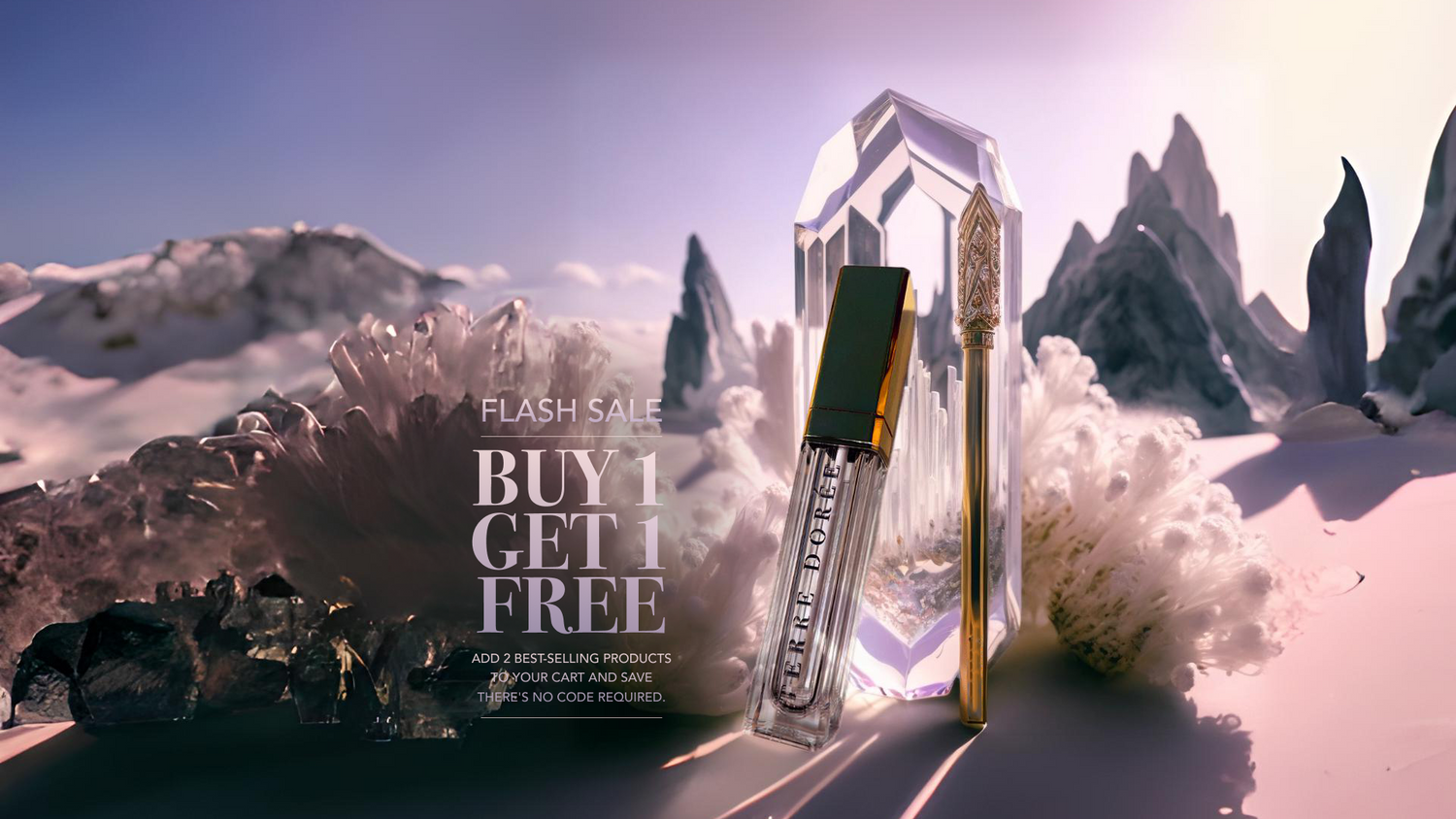 lip plumper with an open tube on top of snow, in the style of photorealistic renderings, made of crystals, ad posters, cryengine, multiple flash, gray and gold, free brushwork 